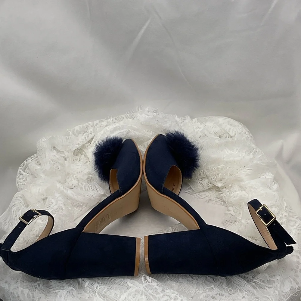 Zalore Women’s Sz6.5 Navy Blue Pointed-Toe Featuring Pom-Poms Women's Heels 0205